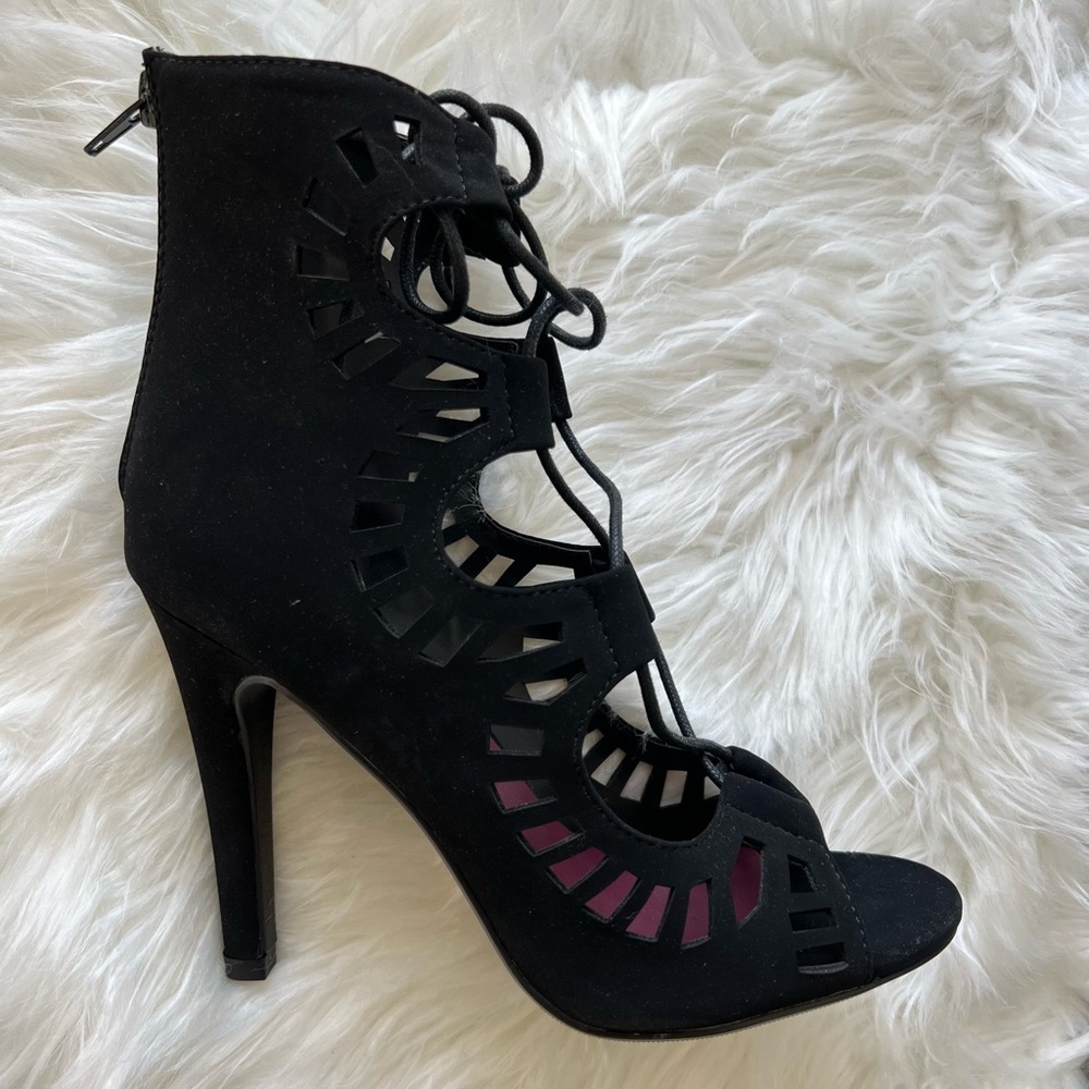 Delicious Black Lace-up Cut-out Peep-toe High Heels Stilettos - Picture 6 of 11